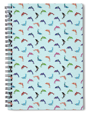 Colorful Dolphins Pattern on Teal - Spiral Notebook