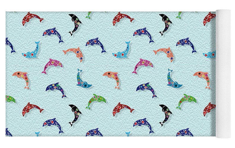 Colorful Dolphins Pattern on Teal - Yoga Mat