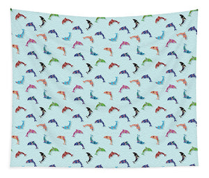 Colorful Dolphins Pattern on Teal - Tapestry