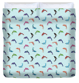 Colorful Dolphins Pattern on Teal - Duvet Cover