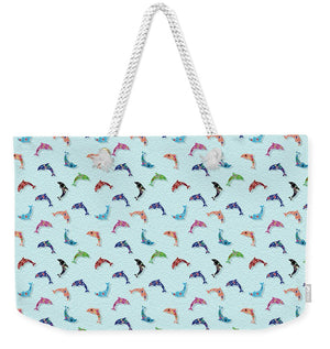 Colorful Dolphins Pattern on Teal - Weekender Tote Bag